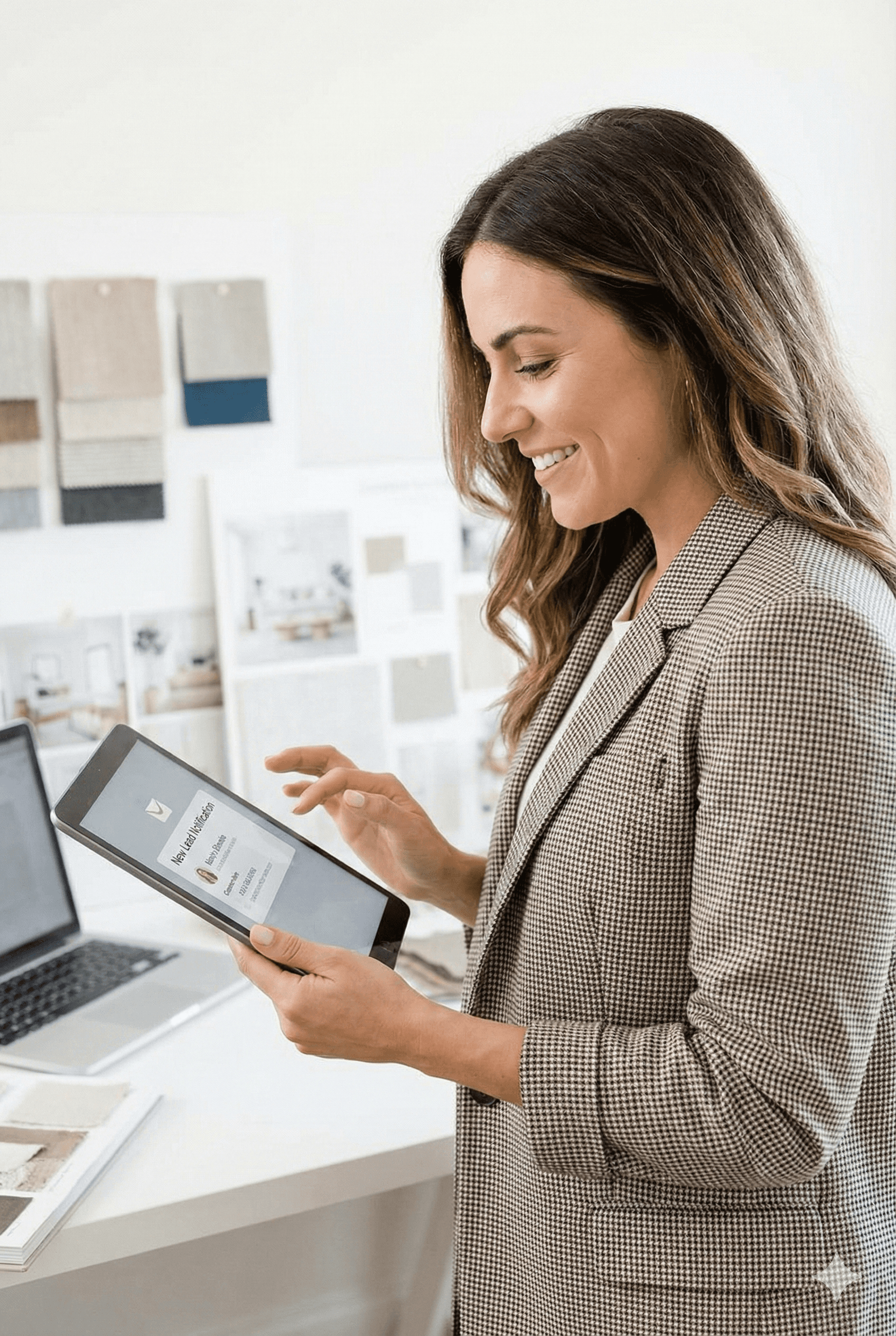 A woman holding a tablet