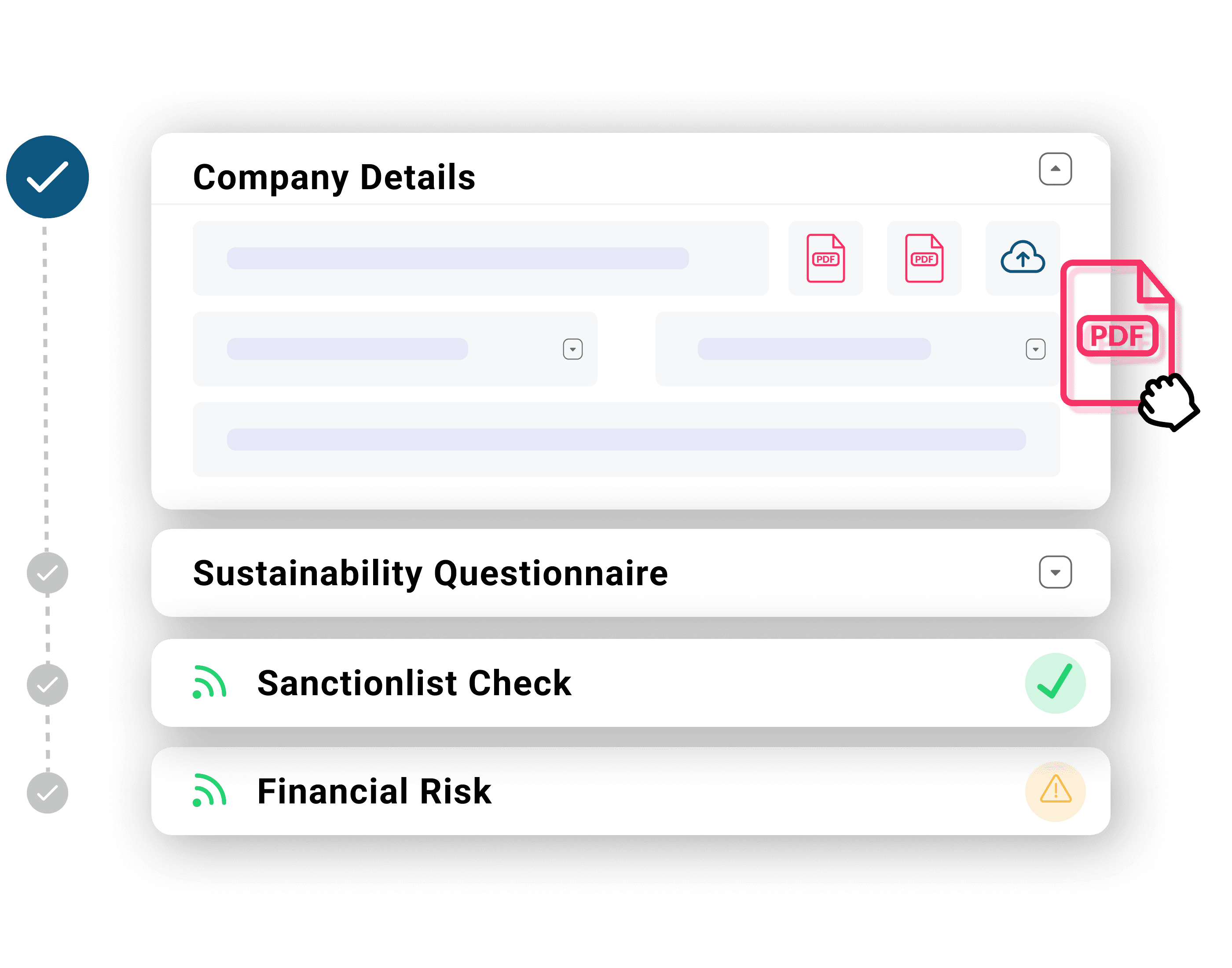 Graphic depicting a digital interface for supplier onboarding management, featuring sections titled "Company Details," "Sustainability Questionnaire," "Sanctionlist Check," and "Financial Risk," with icons for PDF downloads and status indicators.