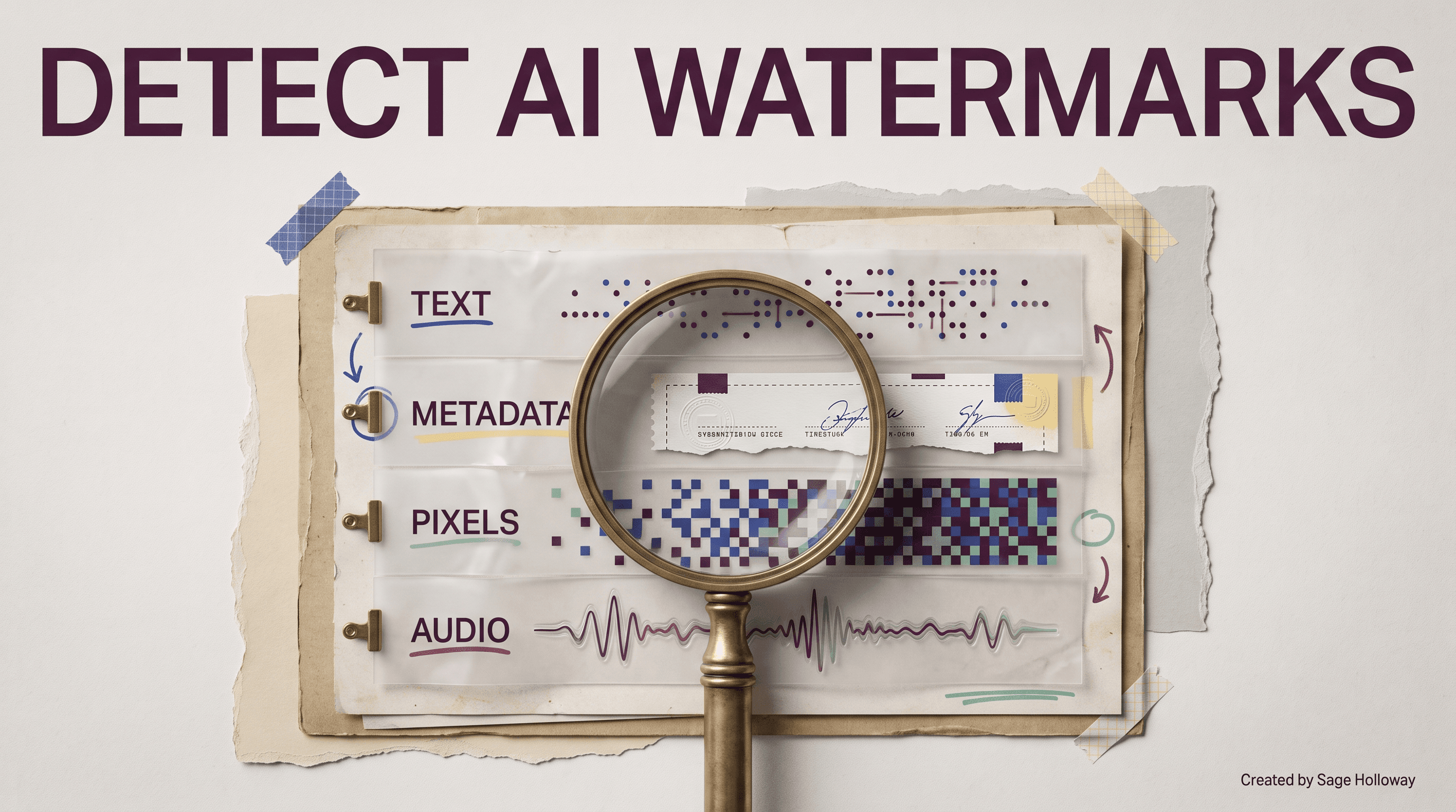 Cutaway evidence case showing text, metadata, pixels, and audio signals used to detect AI watermarks