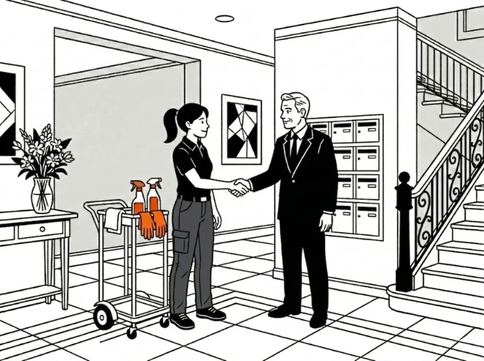 Agente de propreté Widy's serrant la main d'un gérant de copropriété en costume dans un hall d'immeuble, à côté de son chariot de nettoyage.