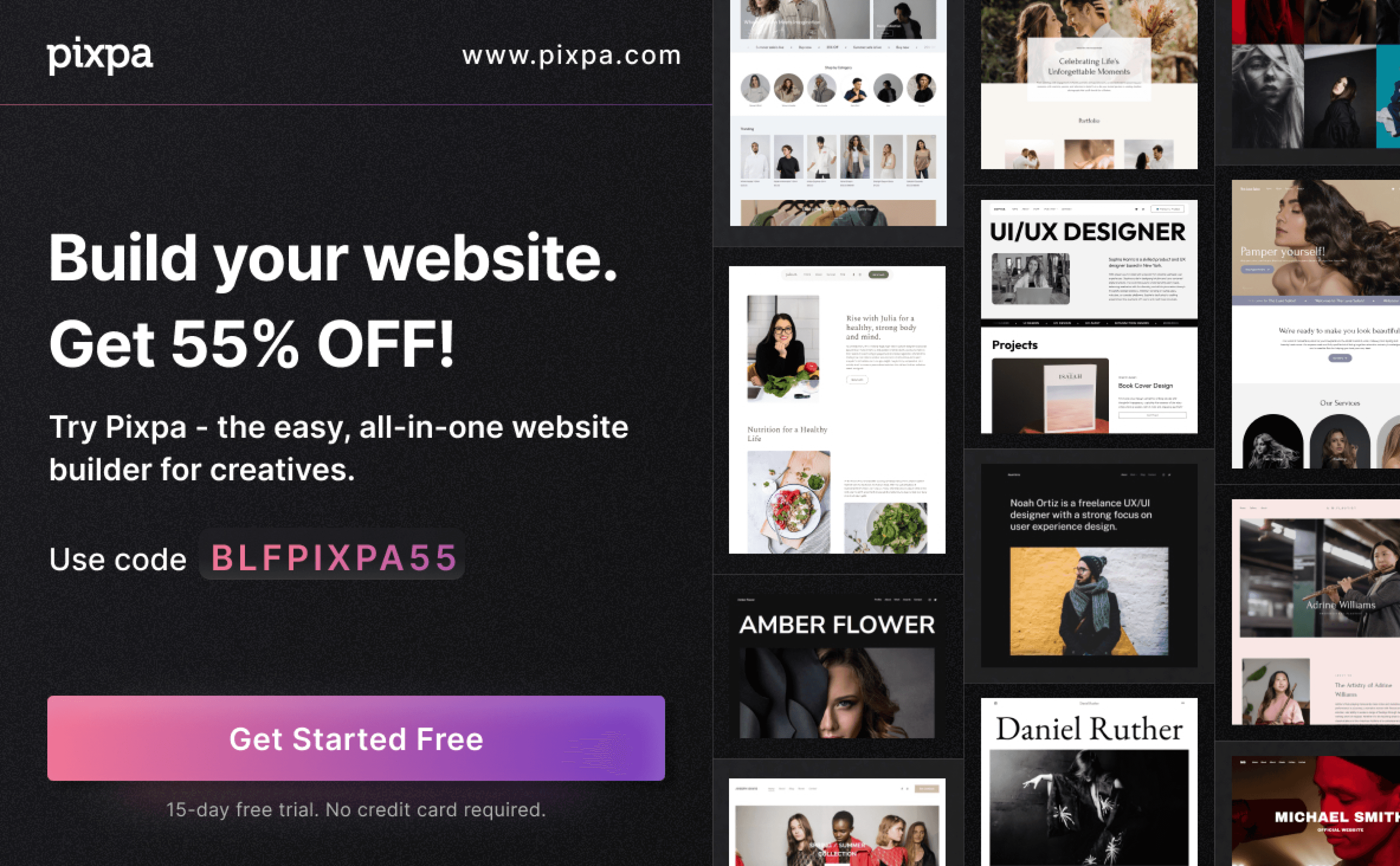 Pixpa promotional graphic offering 55% off website plans with code BLFPIXPA55, showing sample website templates and a Get Started Free button.