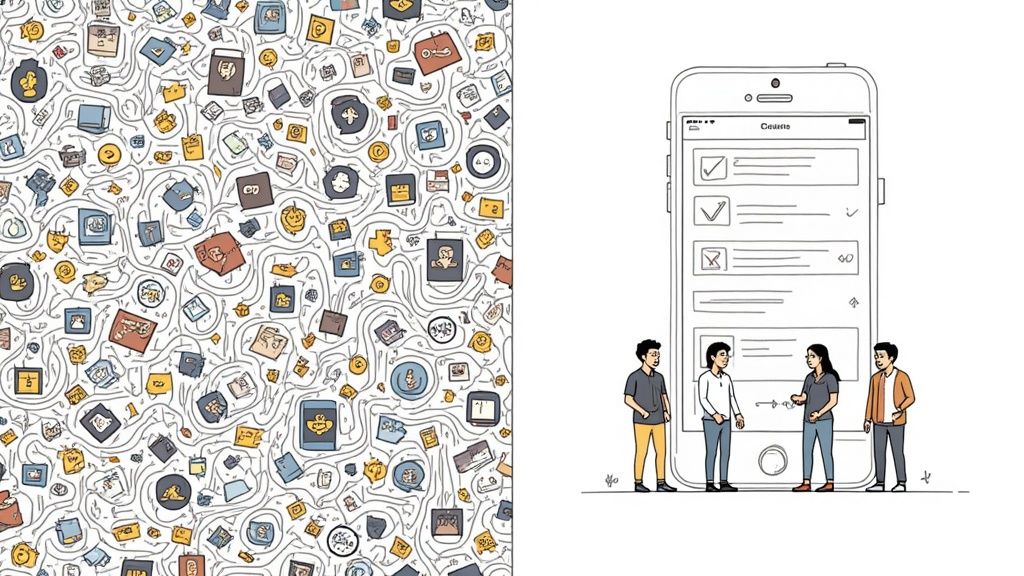 Illustration showing chaotic data on left, contrasted with a mobile workforce management app and team discussing tasks on the right.