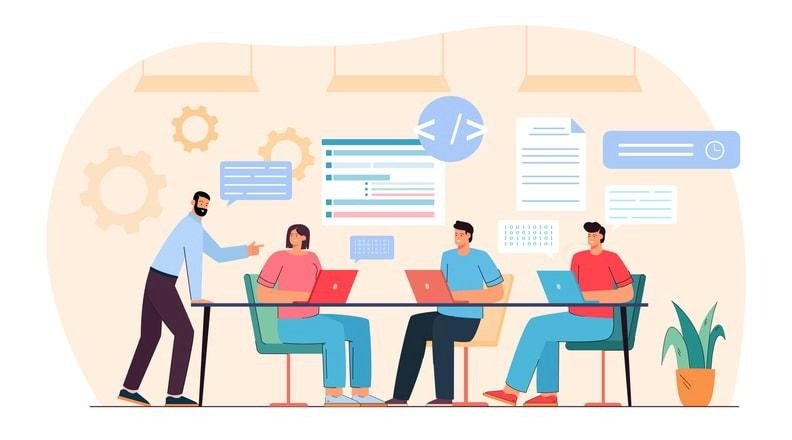 An illustration depicting effective teamwork with diverse team members collaborating.