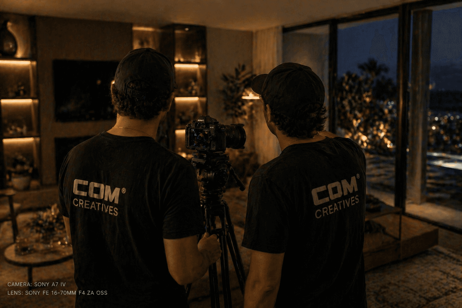 Two filmmakers operate a large camera in a dimly lit studio, wearing headphones and focused intently on the screen, conveying concentration.