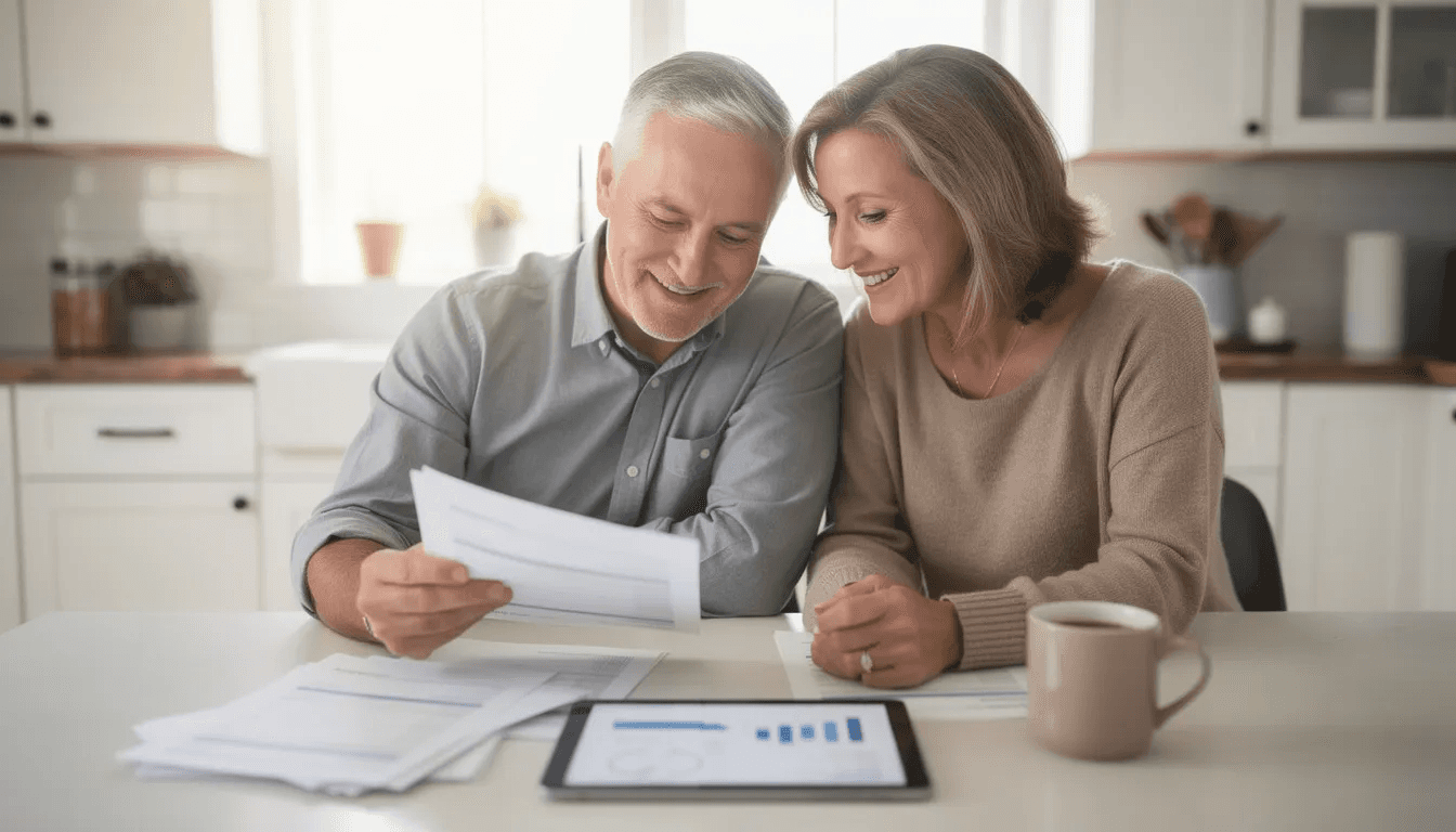 A confident couple is seated at their kitchen table, reviewing retirement planning documents that include details on their 401k managed accounts and investment strategies. They are discussing their asset allocation and future retirement goals, highlighting the importance of informed investment decisions for their financial future.