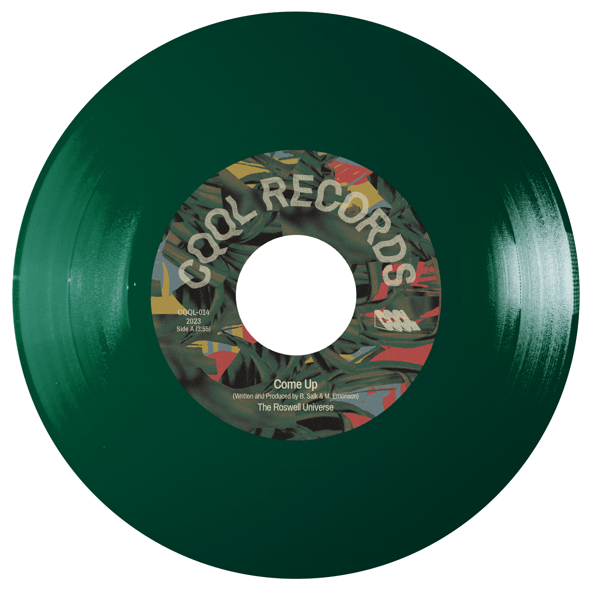Green vinyl record with a colorful label on a white background