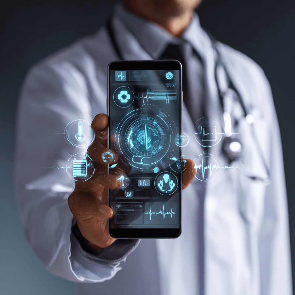 A doctor in a white coat holds a smartphone displaying futuristic medical holograms. The scene conveys innovation and advanced healthcare technology.