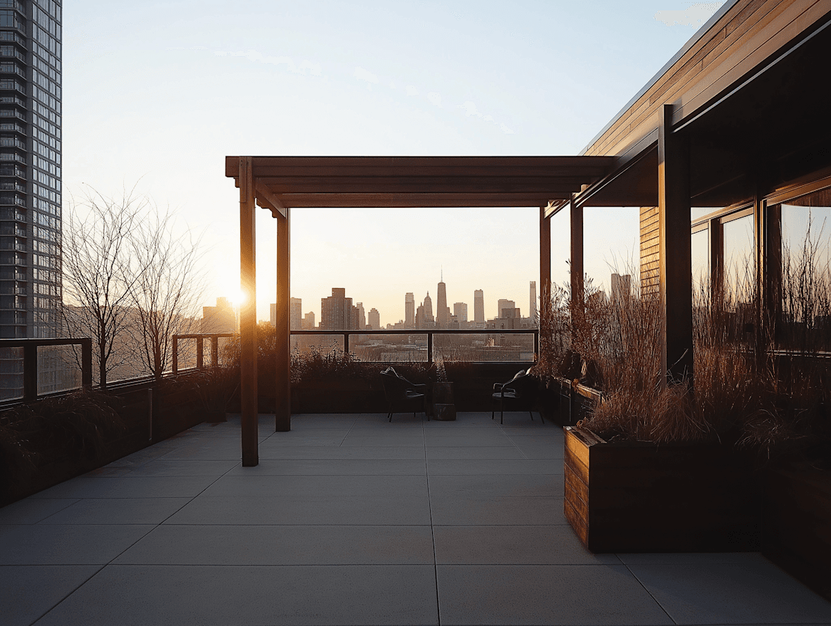 Luxury hotel rooftop terrace with stunning city  skyline view at golden sunset, modern pergola  and elegant outdoor seating at Aurevil