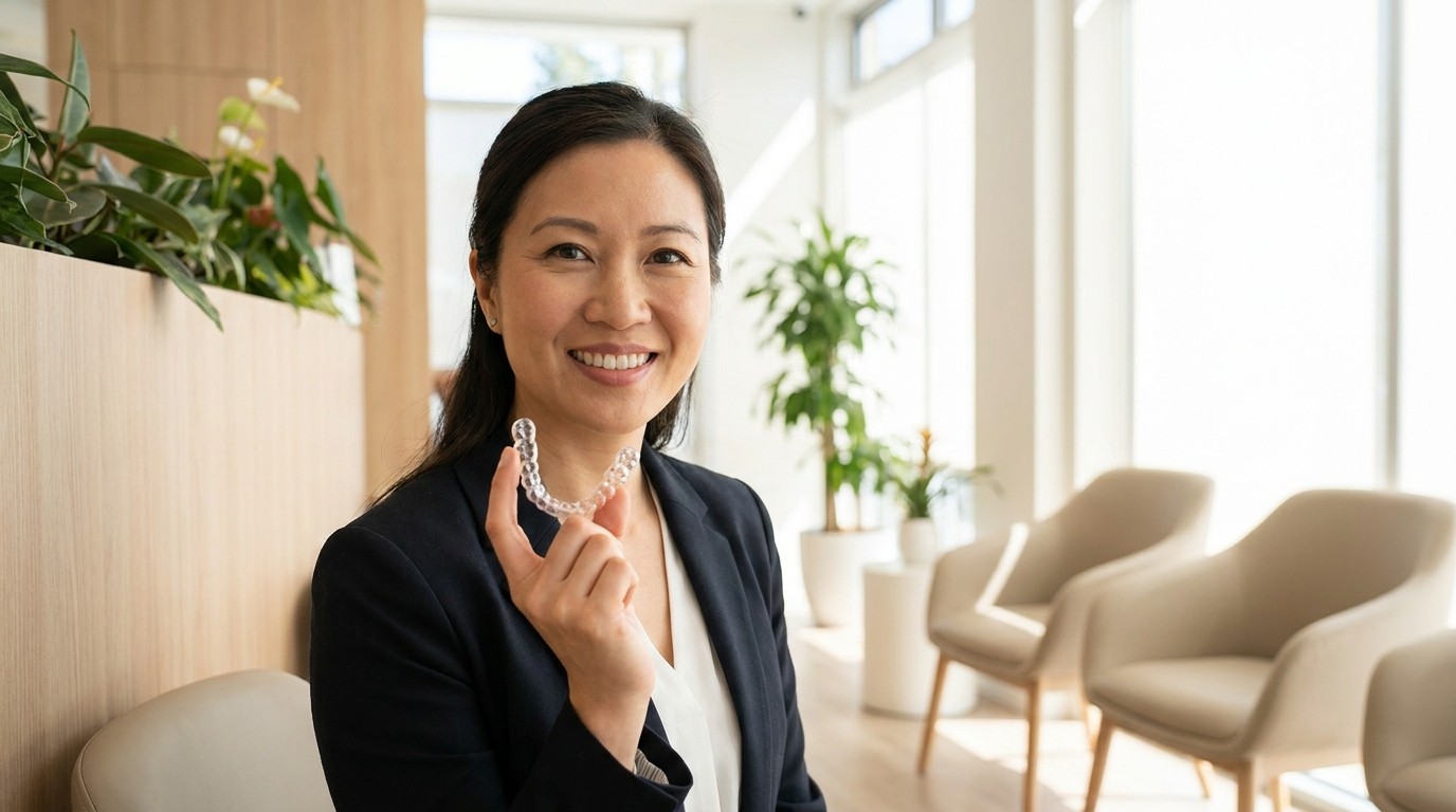 A patient holds a clear Invisalign aligner tray in a bright dental treatment room.