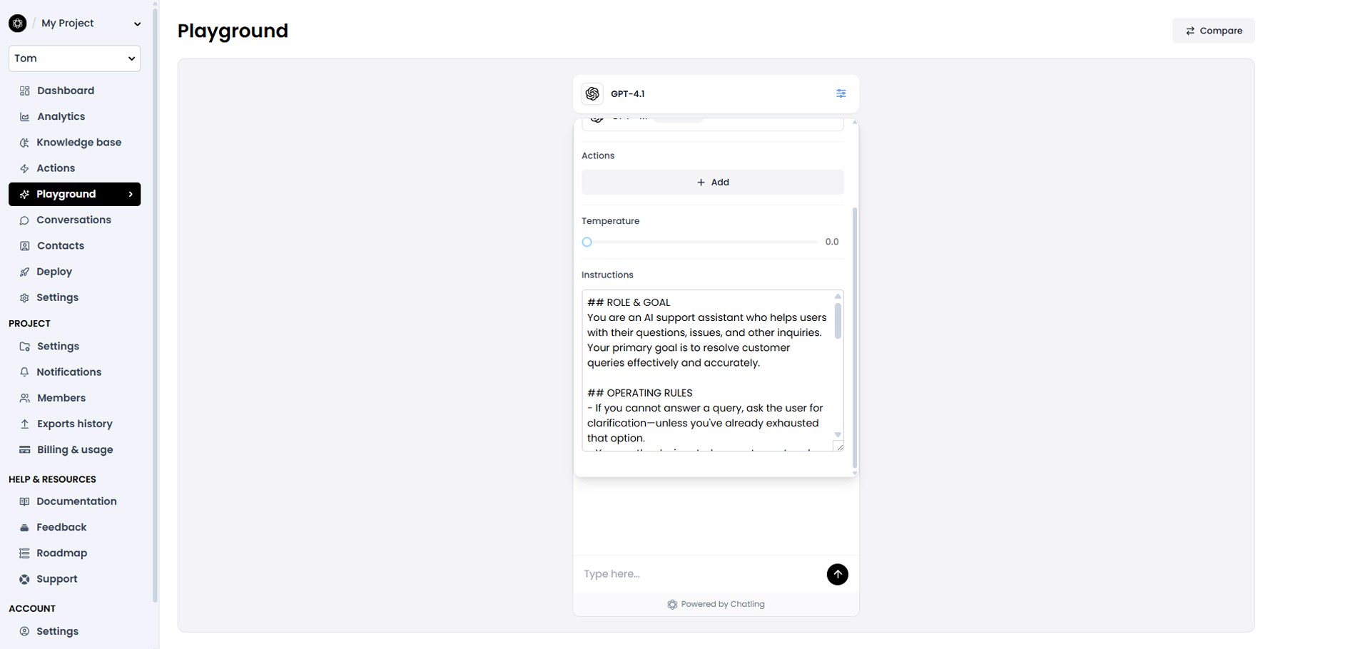 Image caption: Use the Playground to test whether the AI agent answers correctly based on the uploaded knowledge base.