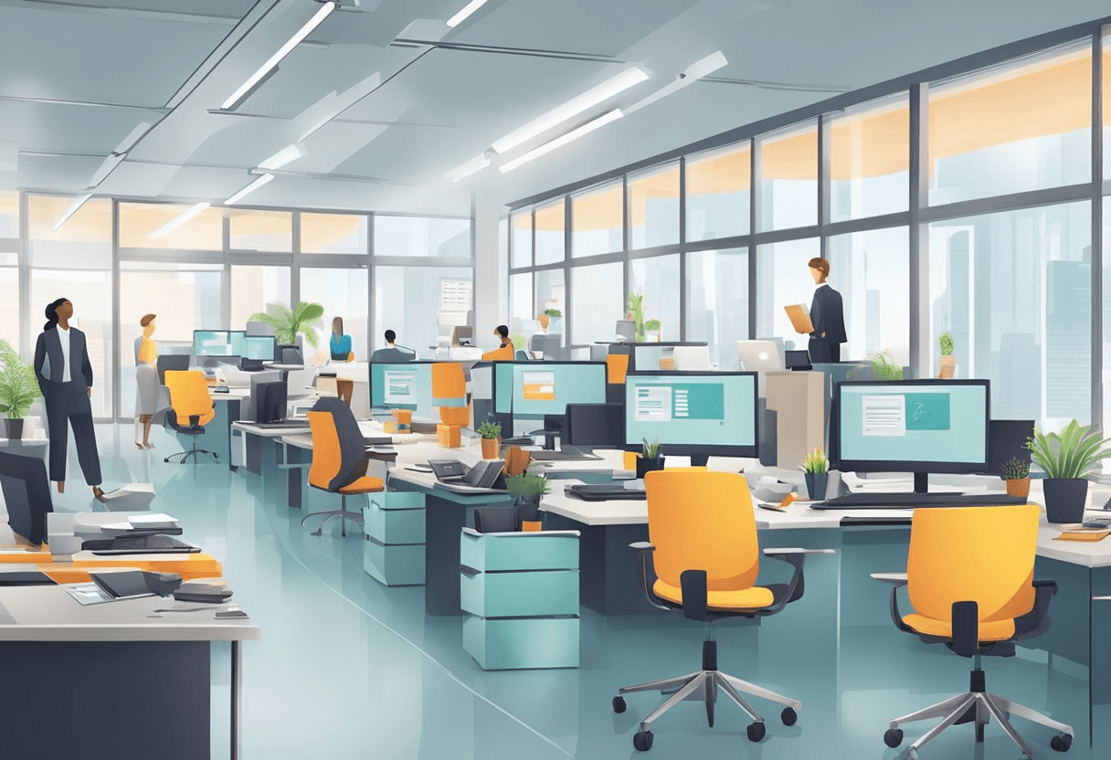 A bustling office with a mix of traditional and modern recruitment tools on display, symbolizing innovation and adaptability in the face of a labour shortage