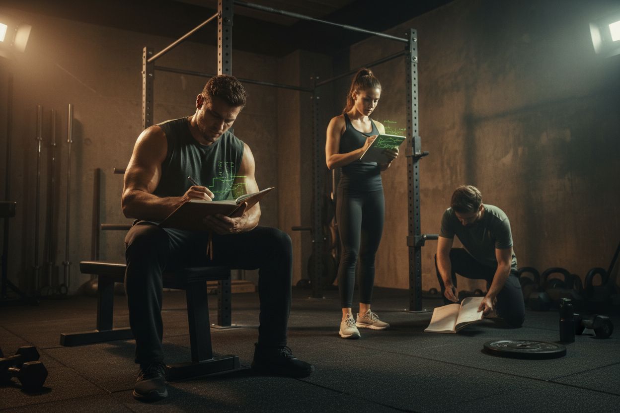 Person writing workout log in notebook