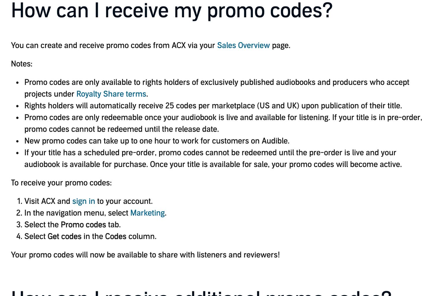 ACX’s help page explaining how to receive promo codes