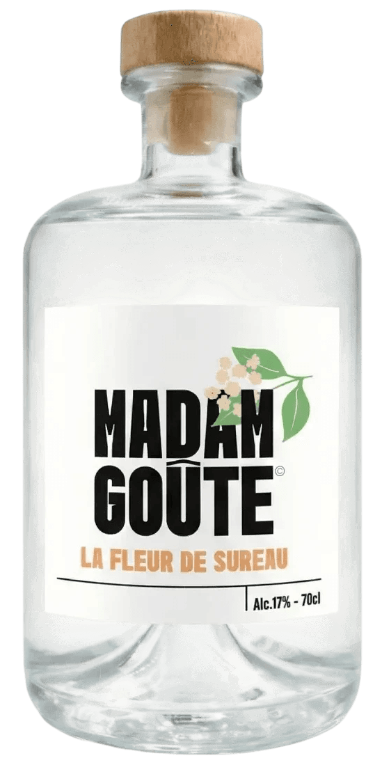 Bouteille de liqueur Madam Goute La Fleur de Sureau, présentant une illustration délicate de fleurs de sureau sur l'étiquette.