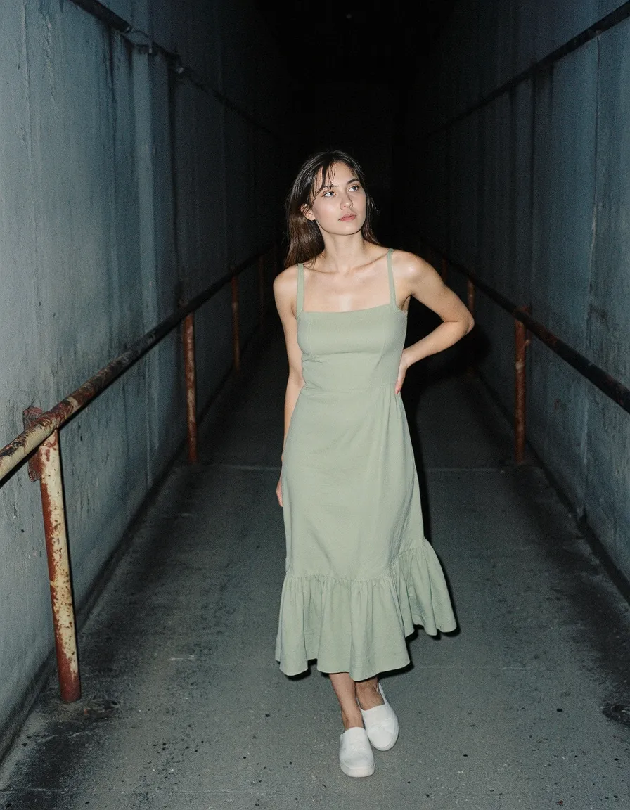 Atmospheric fashion photograph featuring a sage green dress in an industrial concrete corridor, creating striking minimalist contrast