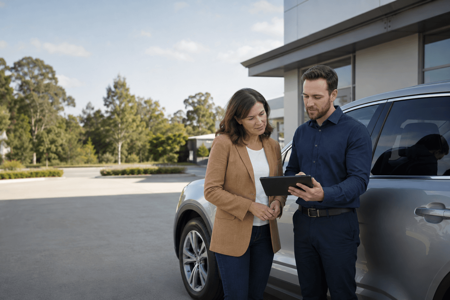 Un propriétaire de véhicule révise les informations d'entretien avec un conseiller à côté d'une voiture garée.