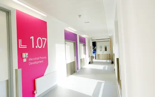 A photo of a corridor inside the Biologics Building