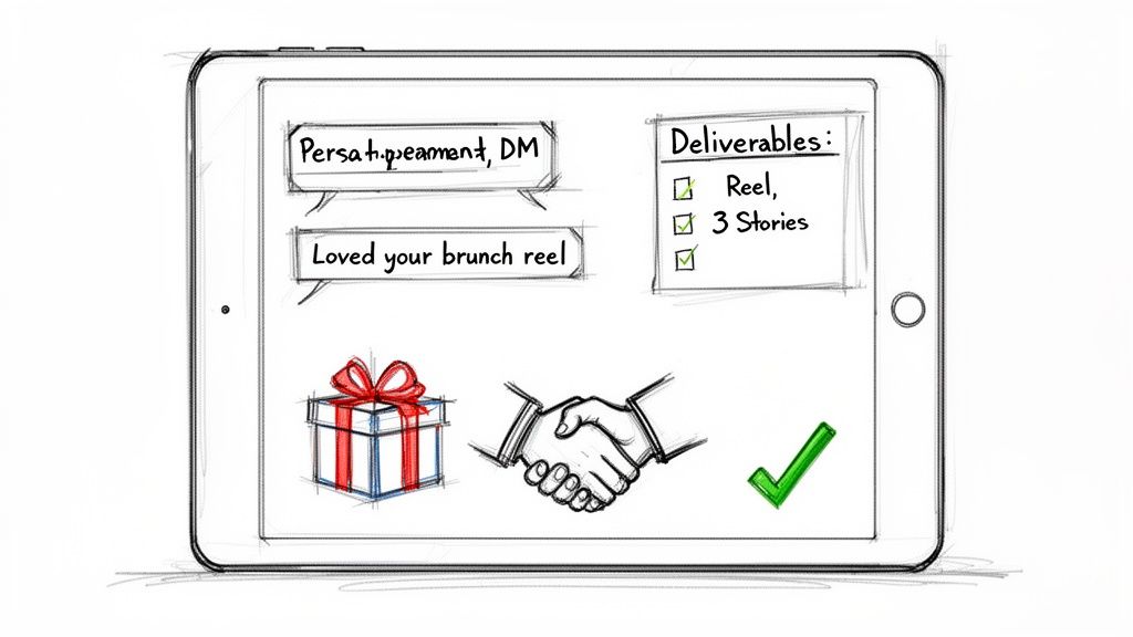 A tablet screen displaying influencer marketing elements: DMs, content deliverables checklist, gift, handshake, and checkmark.