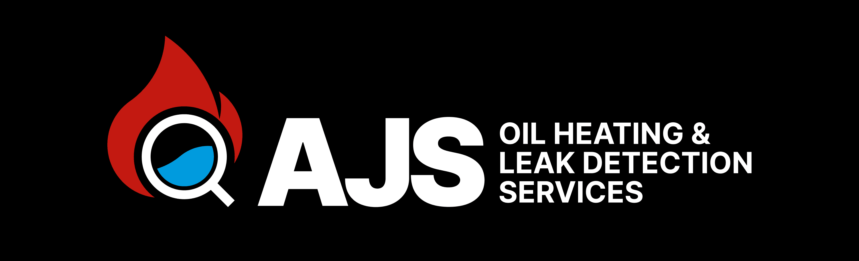 AJS Oil Heating and Leak Detection Services full logo on black background, showing icon lockup with company name, designed by Woolly Mammoth Design in Co. Meath