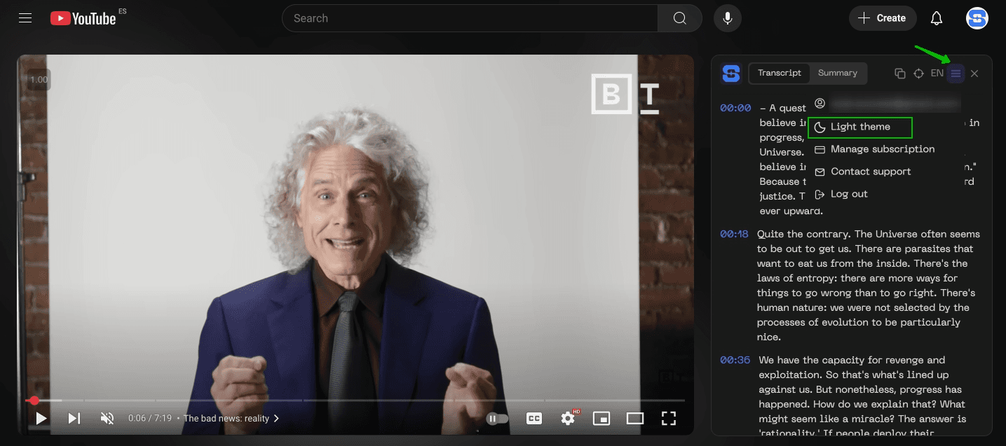 Change theme colour to the Dark or Light of youtube transcriber summarizer ai chrome extension 