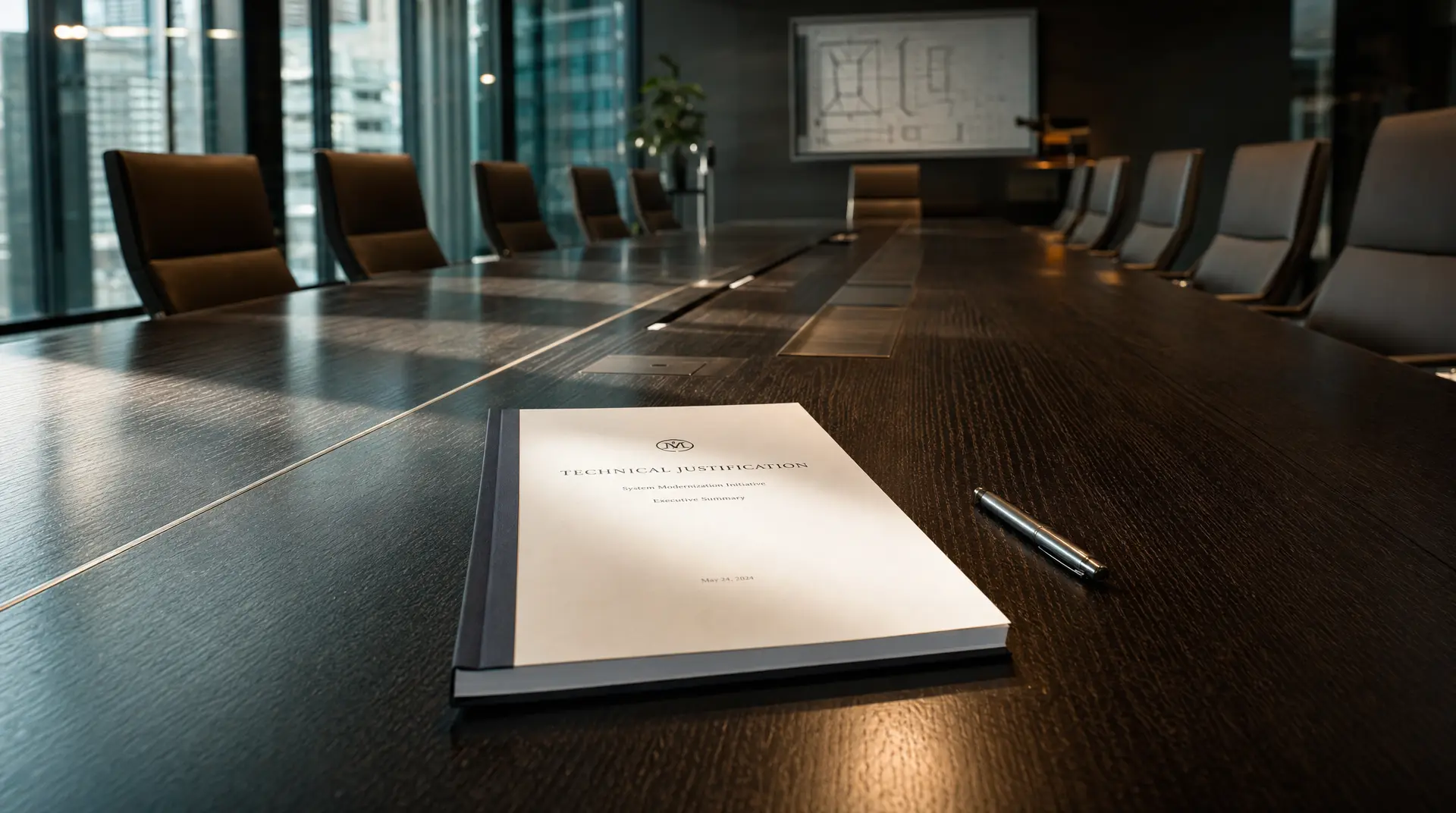Conference room board table with a binder labeled "TECHNICAL JUSTIFICATION" and a pen, presented for a tech case study review.