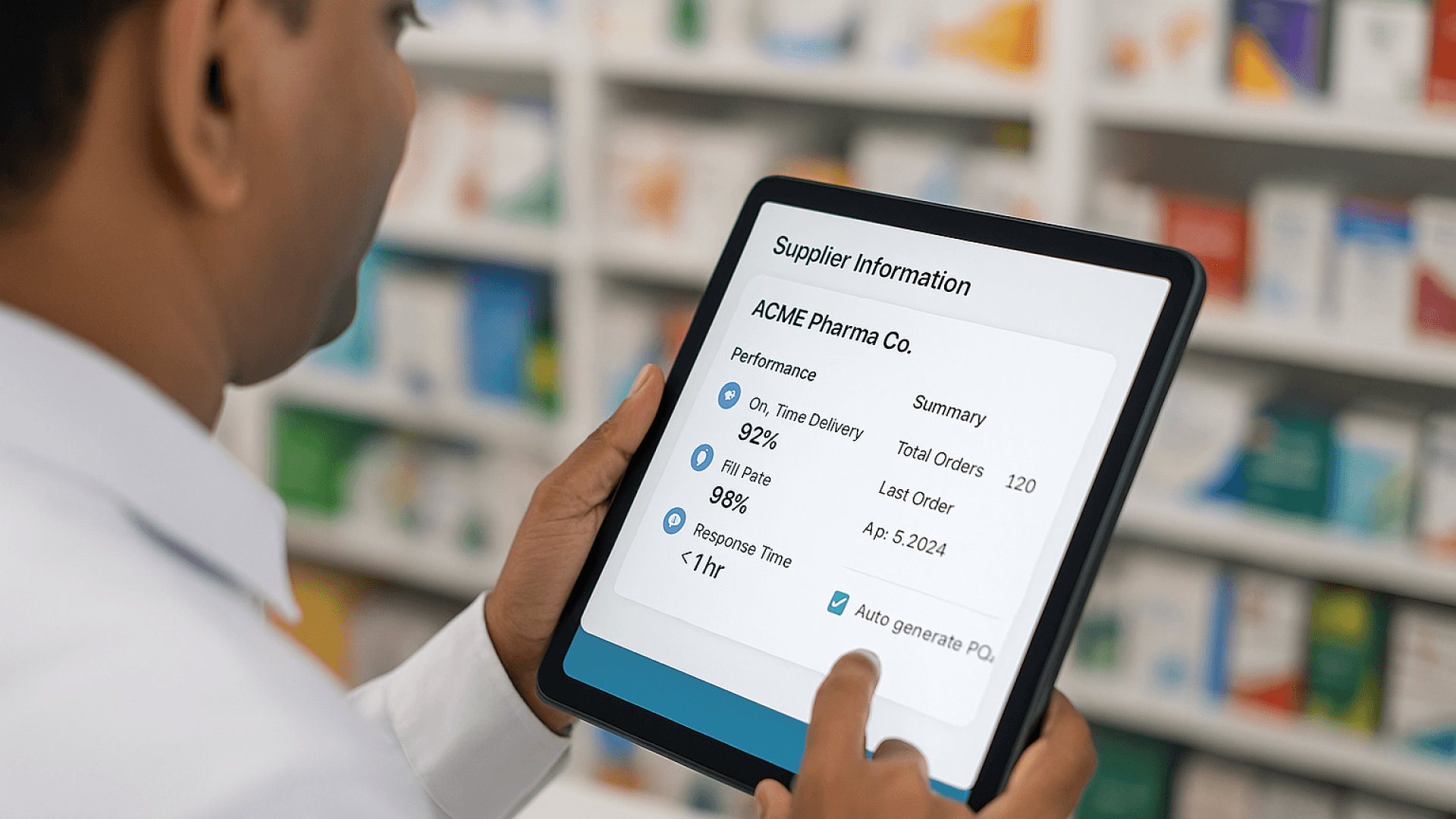 Pharmacist reviewing supplier performance and auto-generated purchase order details on a tablet inside a modern pharmacy