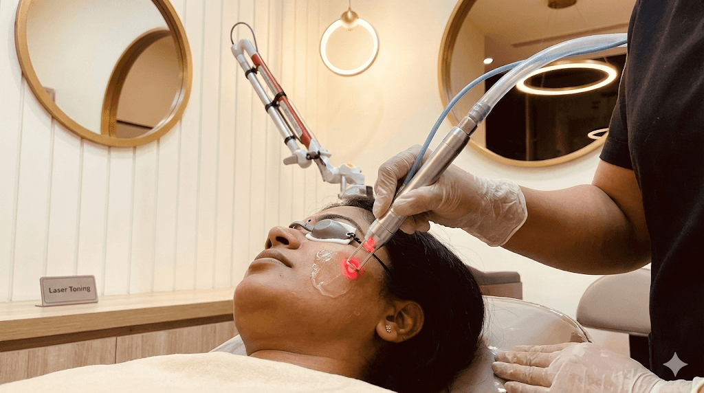 Close-up of a laser toning handpiece being gently applied to a patient's cheek.