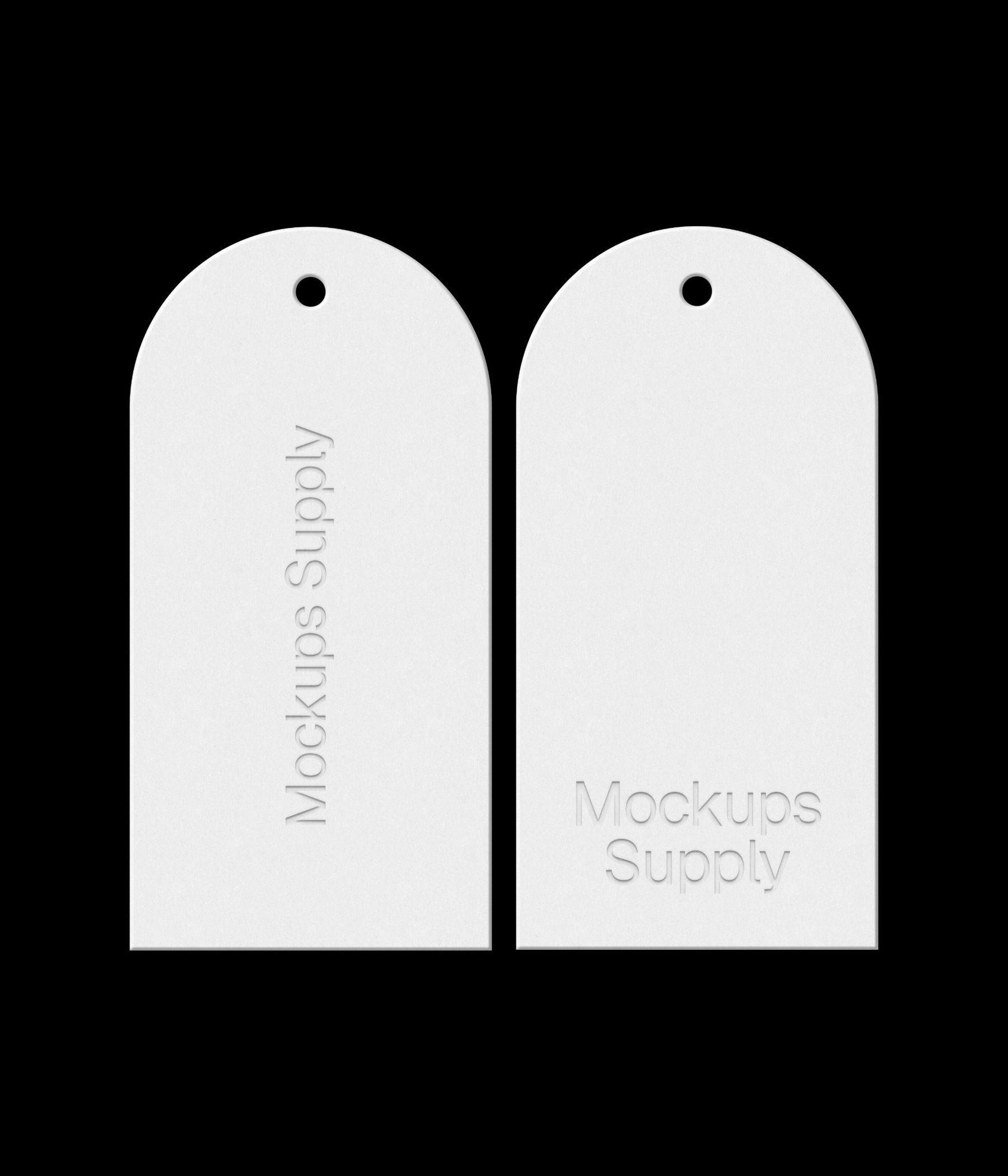 Two white arch hang tags on black background with debossed text effect and editable colors photoshop PSD mockup template set