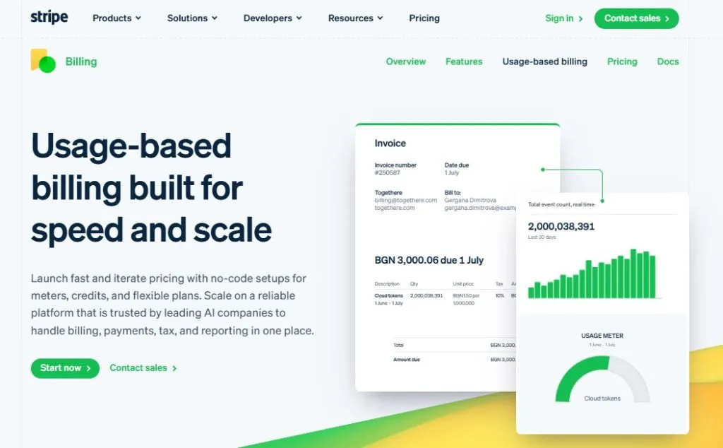 Stripe-Billing-Seite zu nutzungsbasierter Abrechnung für Tempo und Skalierung, mit Beispielrechnung und Nutzungszähler.