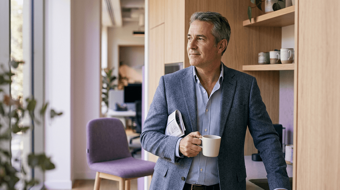 Communications executive pausing with a coffee and a printed brief in a modern office tea point between meetings