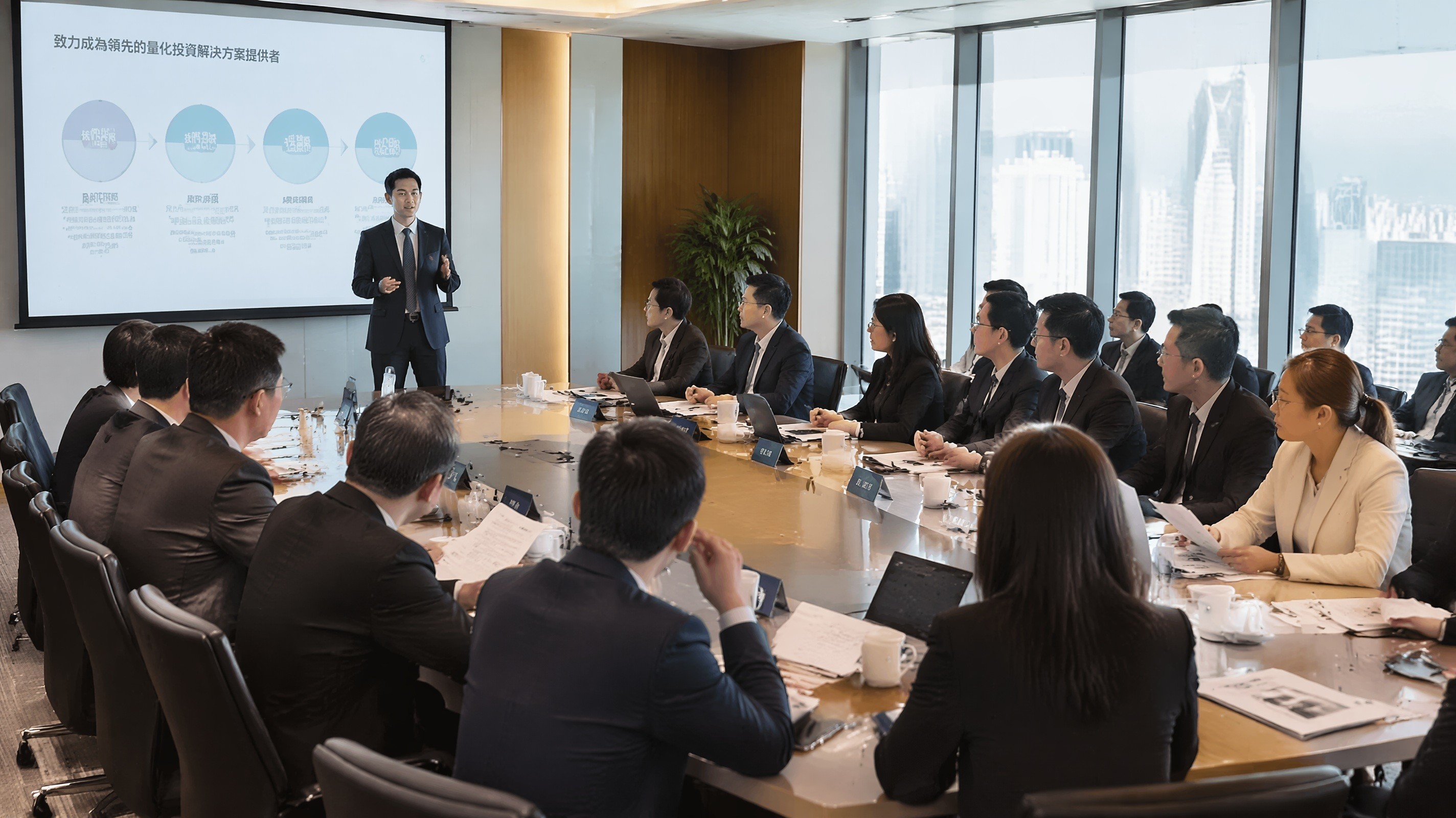 香港專業商務研討會及投資者路演策劃，專業人士於維港海景辦公室進行市場推廣活動簡報。