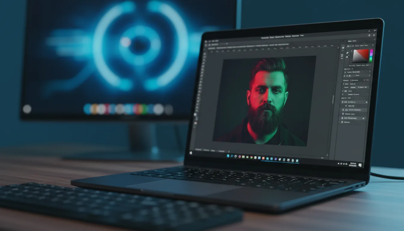 A close-up, angled DSLR photograph of a sleek, dark metallic laptop on a desk. The screen is in sharp focus, displaying the Adobe Photoshop software interface in a dark mode theme. In the center of the canvas is a dramatic portrait of a man with a beard, lit with intense red and green split lighting. The background is softly blurred, showing another monitor with a glowing cool-toned blue graphic, creating a strong bokeh effect. The overall lighting is cinematic and moody, with a cool blue ambient cast. Shallow depth of field with the foreground keyboard slightly out of focus.