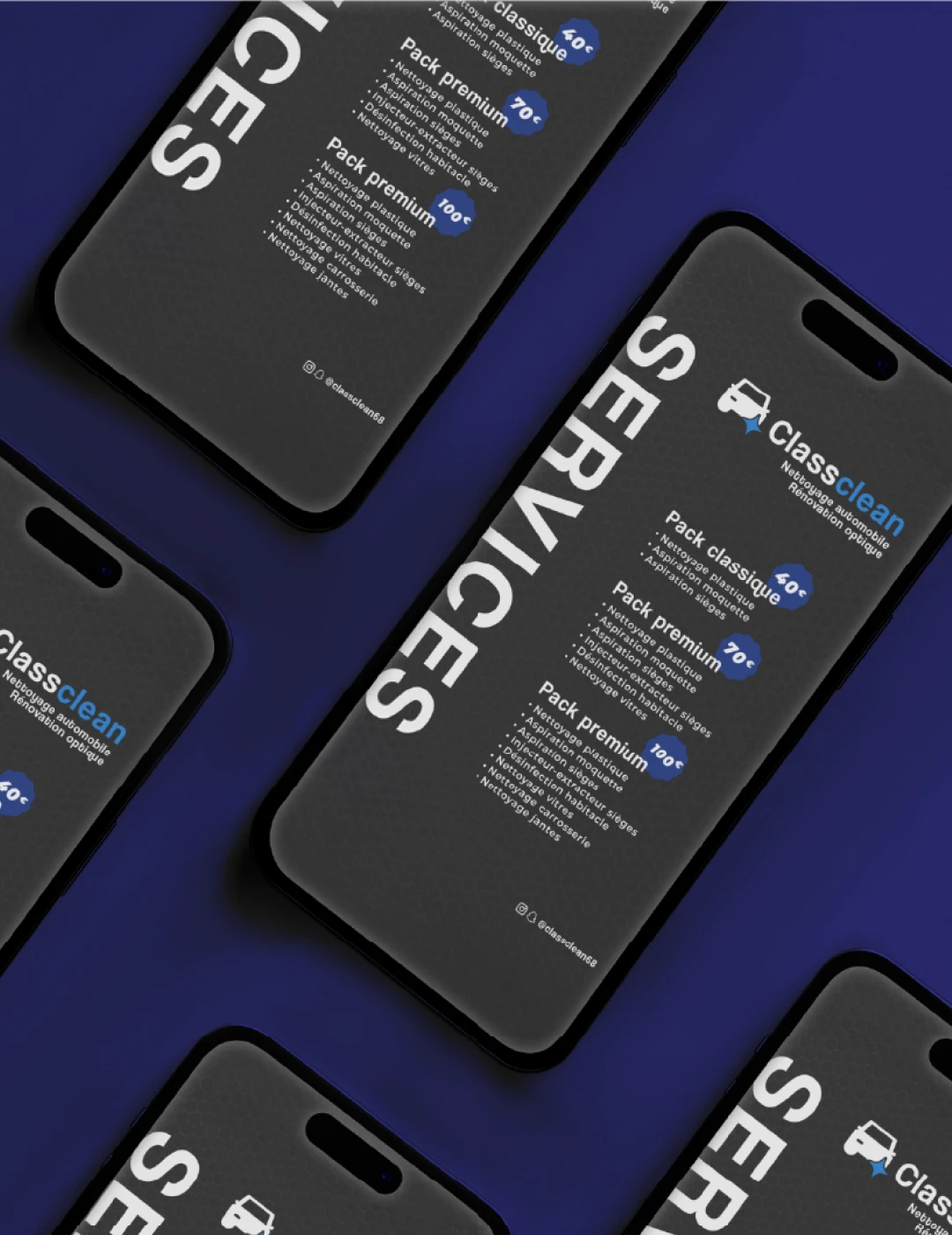 Mockup multiplex de smartphones affichant les templates Instagram du social média kit ClassClean — posts services pour nettoyage automobile premium, Tartelette Concept