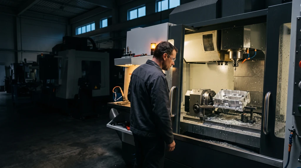 A machinist looks into an open CNC machining centre