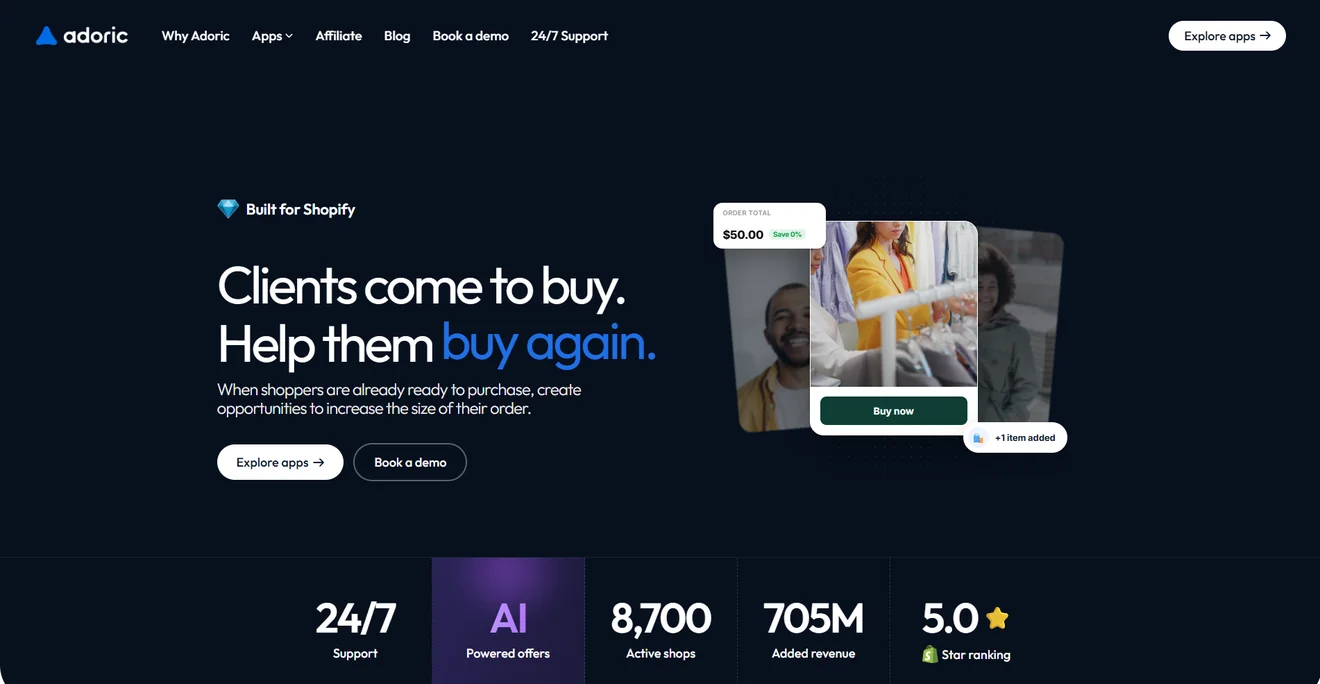Adoric homepage promoting Shopify upsell and product recommendation tools for increasing order value