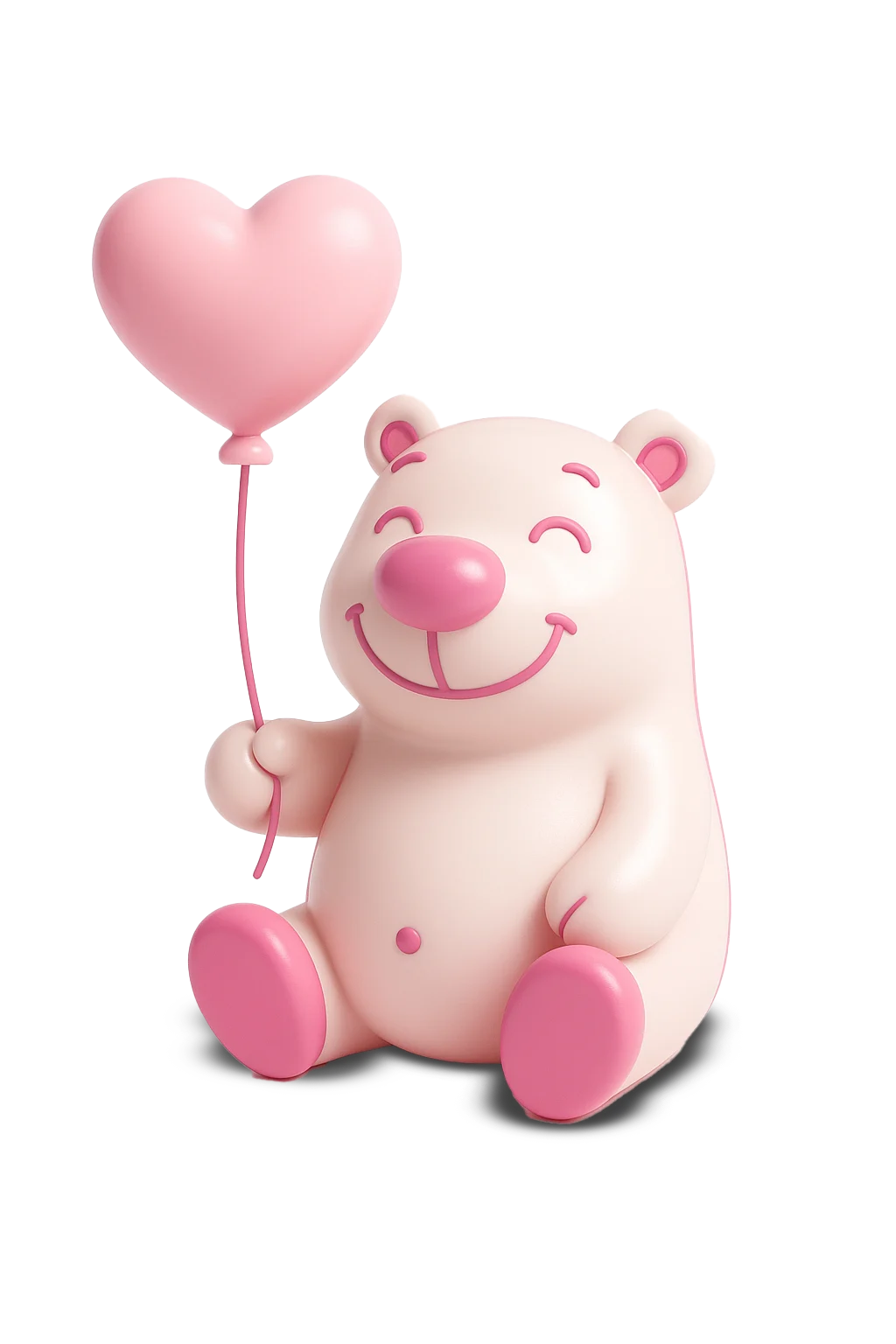 A cute, smiling pink teddy bear holding a heart-shaped balloon, sitting with its paws outstretched.
