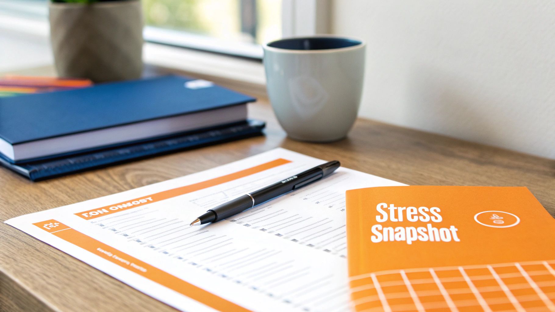 A serene image of a calm lake with mountains in the background, symbolizing mental clarity and low stress.