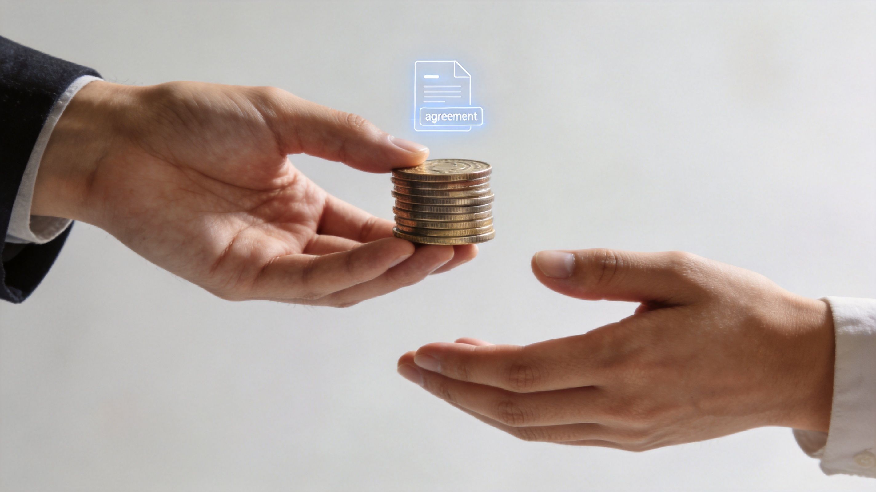 A close-up view of two hands exchanging a stack of gold coins, symbolizing a financial agreement.
