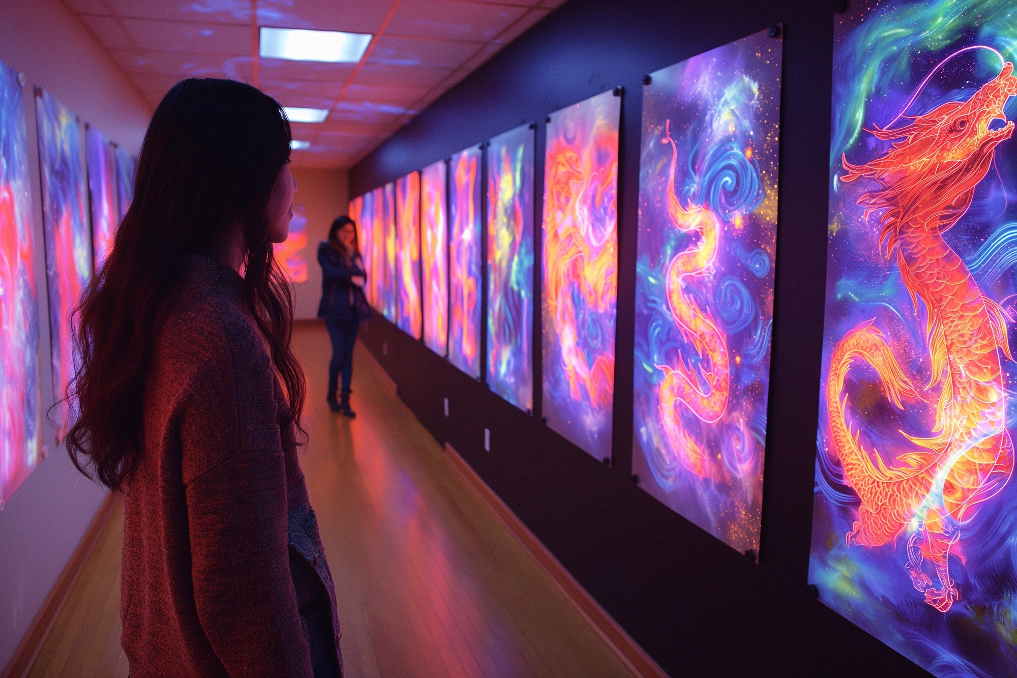 旅客在機場藝術空間內與沉浸式藝術裝置打卡拍照，放大品牌與文化 IP 的社交媒體曝光 (Travellers taking photos with immersive airport art installation, amplifying brand and cultural IP exposure)