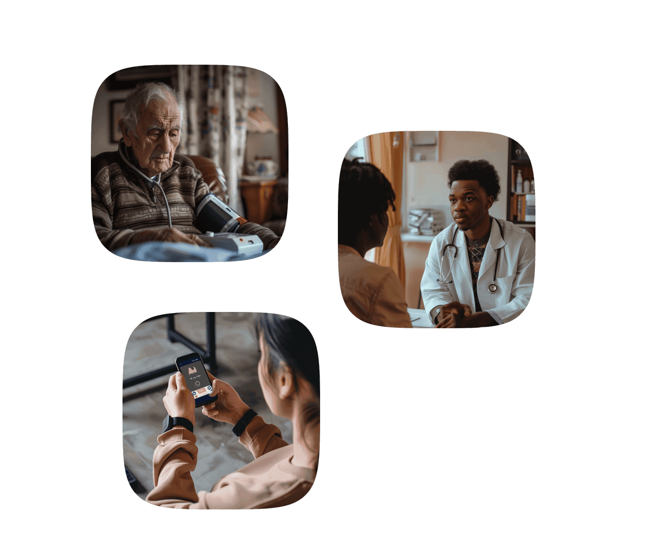 A collage of images including close-up shots of three people during a user interview, and external shots of Raffles Medical facilities.