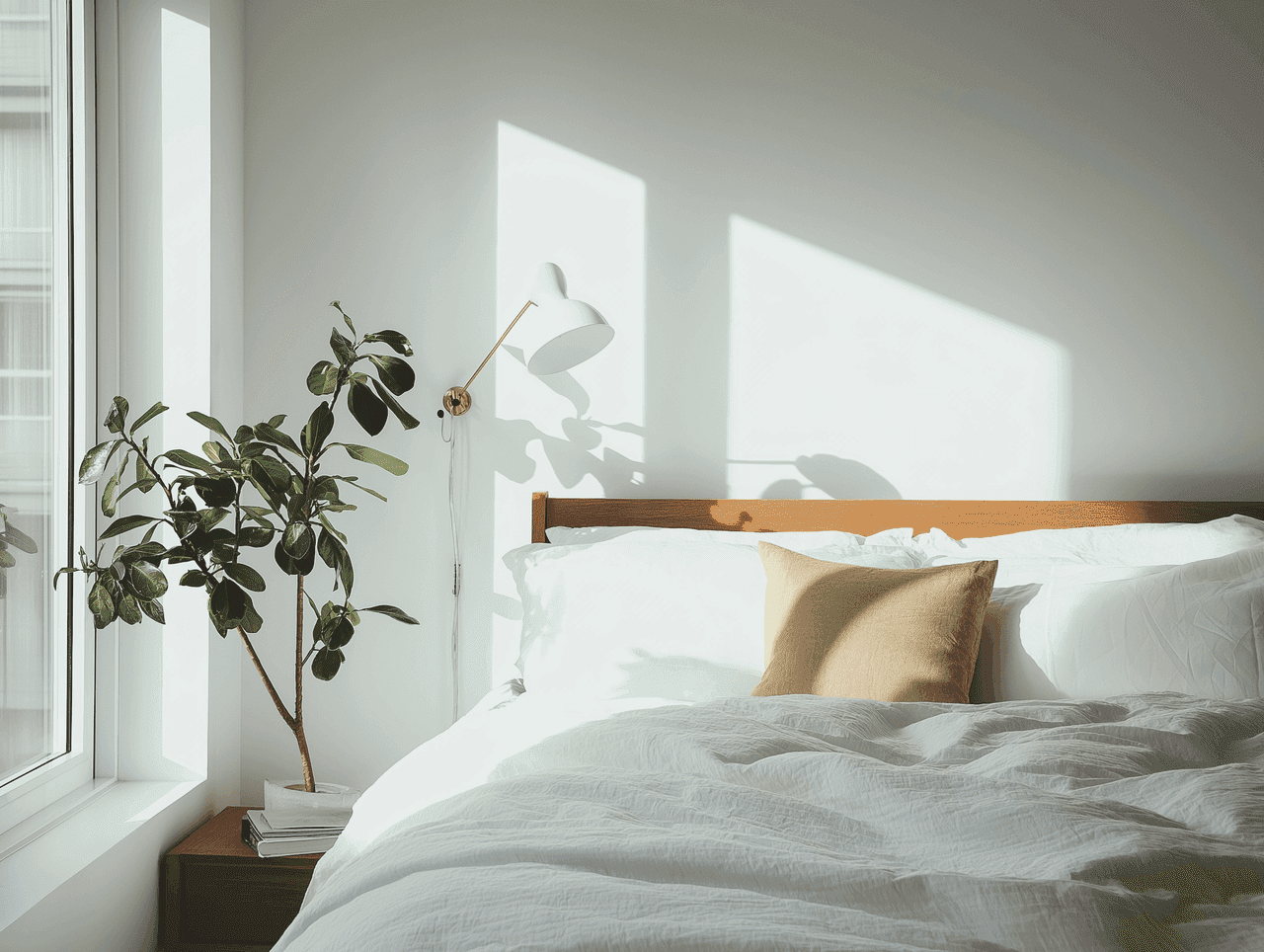 Bright modern bedroom with wooden headboard, white sconce, fiddle leaf fig plant, layered white linens with mustard accent pillow, and dramatic window shadows