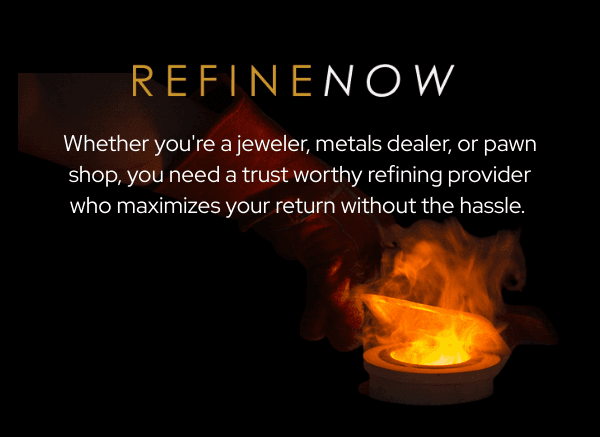 Close-up of molten gold scrap being poured into a crucible for refining at the RefineNow facility.