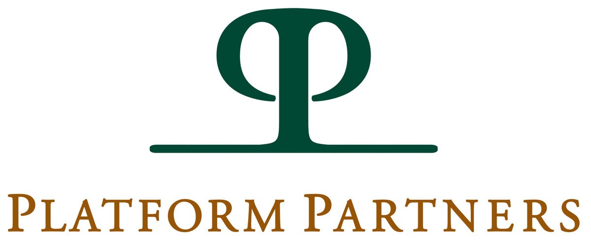 The image shows the logo of Platform Partners, featuring a stylized green letter "P" centered above the company name written in brown capital letters.
