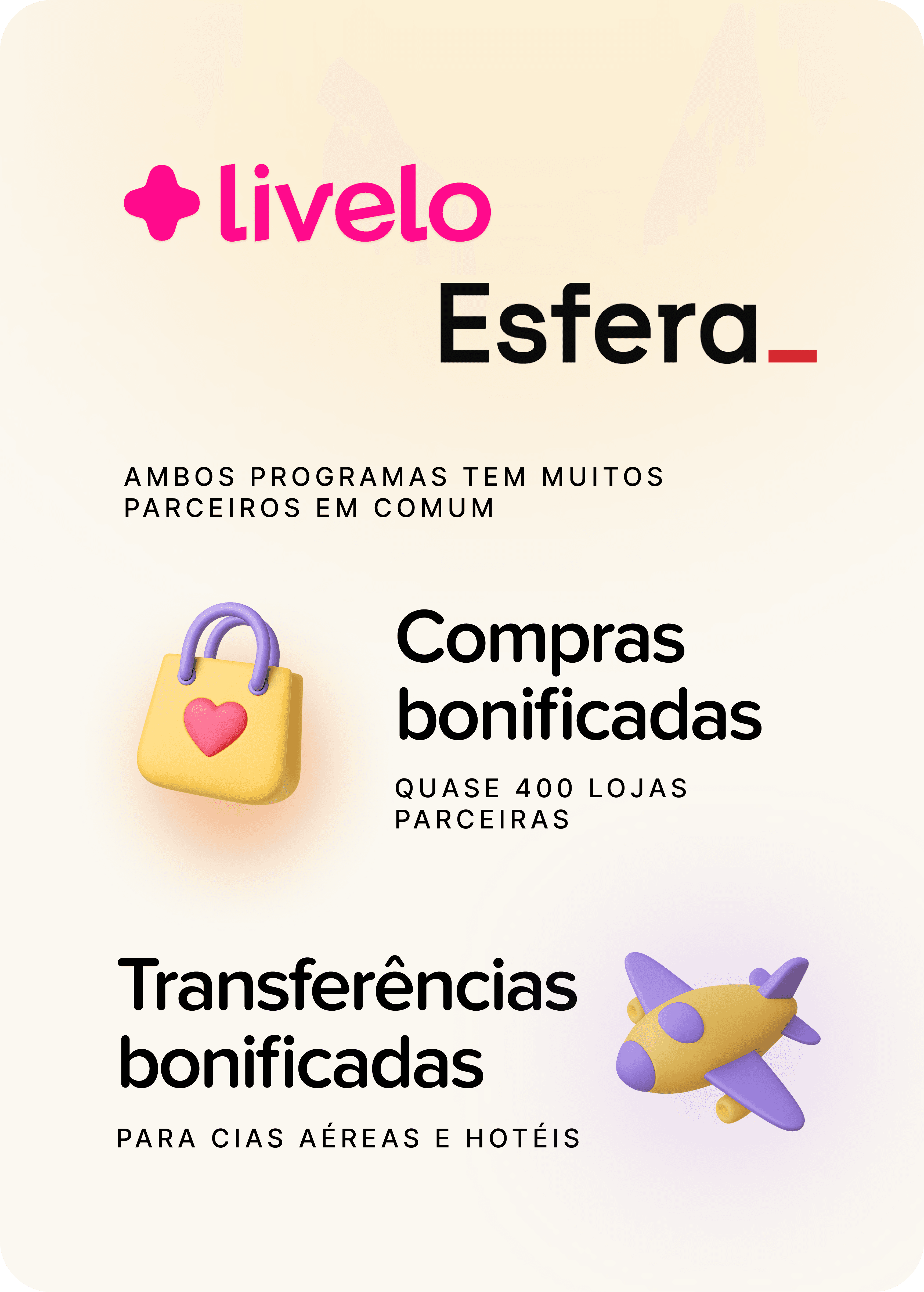 Logos da Livelo e Esfera acompanhados de informações sobre compras bonificadas em quase 400 lojas e transferências de pontos com bônus para companhias aéreas e hotéis, mostrando sua posição como principais programas de fidelidade do Brasil.