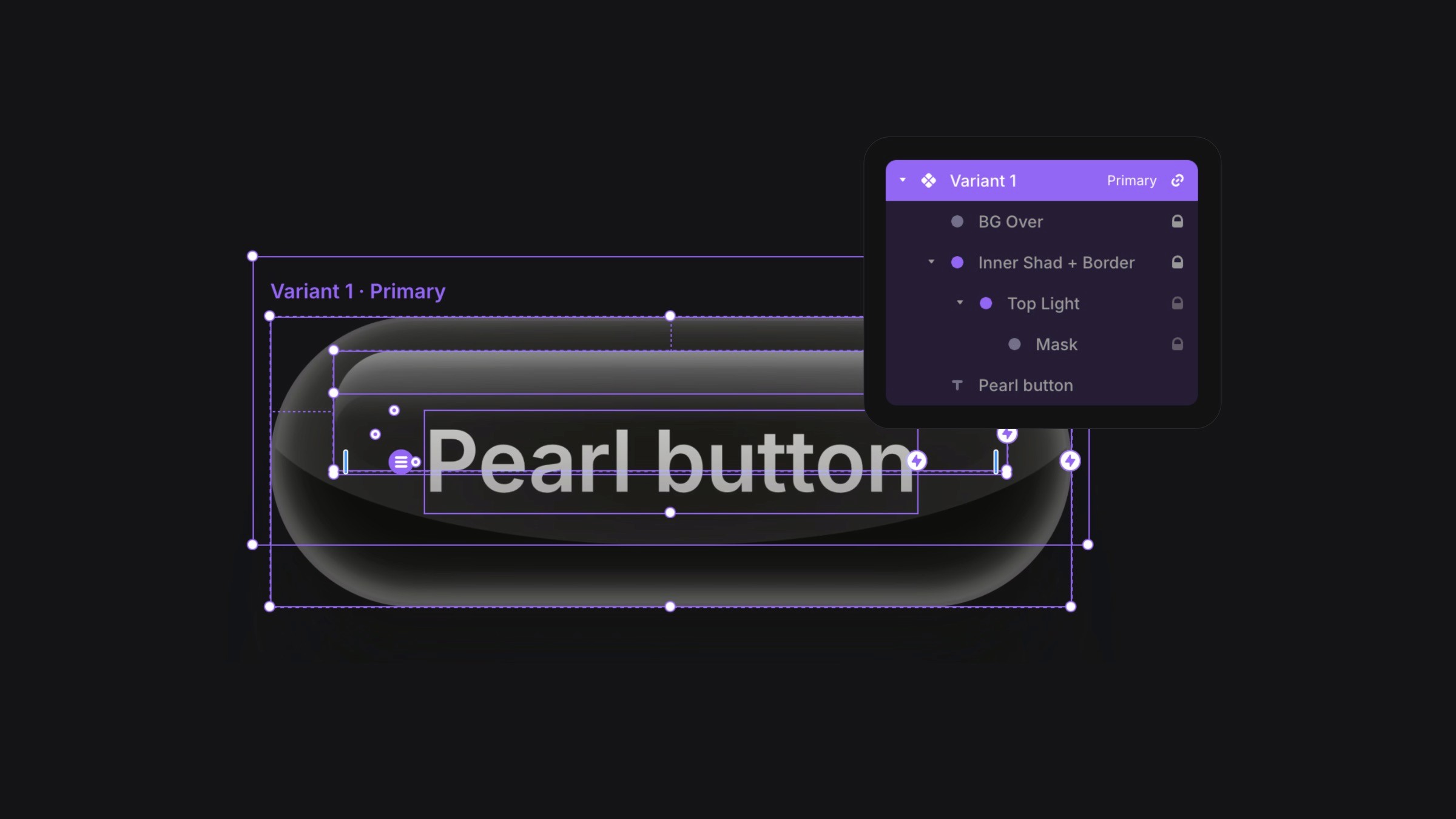 Framer design interface showing 'Pearl button' component with variant controls and alignment guides