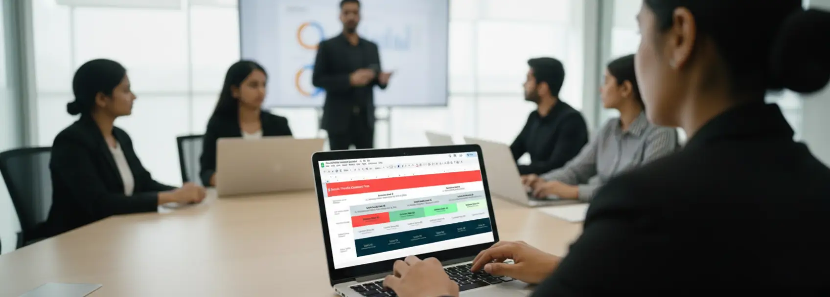 Digital marketing classroom setting showing laptop screen with comprehensive social media content calendar spreadsheet while students and trainer discuss strategy in background demonstrating practical social media planning workshop at NIDM
