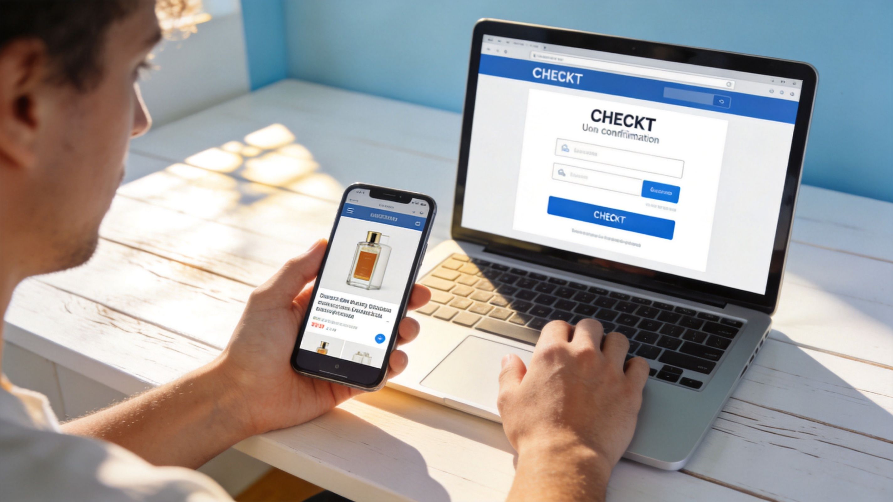 A person using a smartphone and laptop to manage online shopping, emphasizing ecommerce conversion rate benchmarks and mobile browsing.