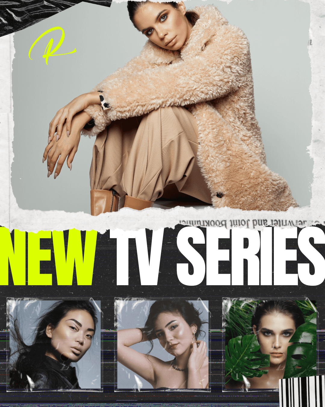 Runway Idol TV collage featuring fashion models, editorial portraits, and bold neon branding.