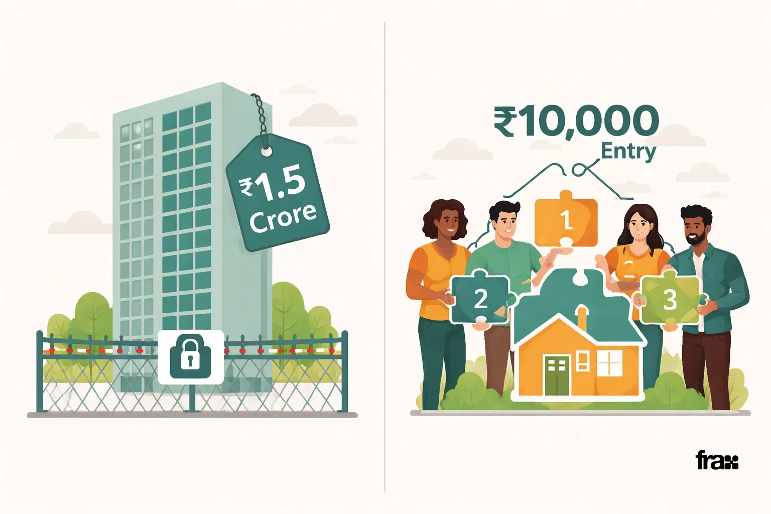 Visual contrast between high-cost real estate and fractional investment accessibility