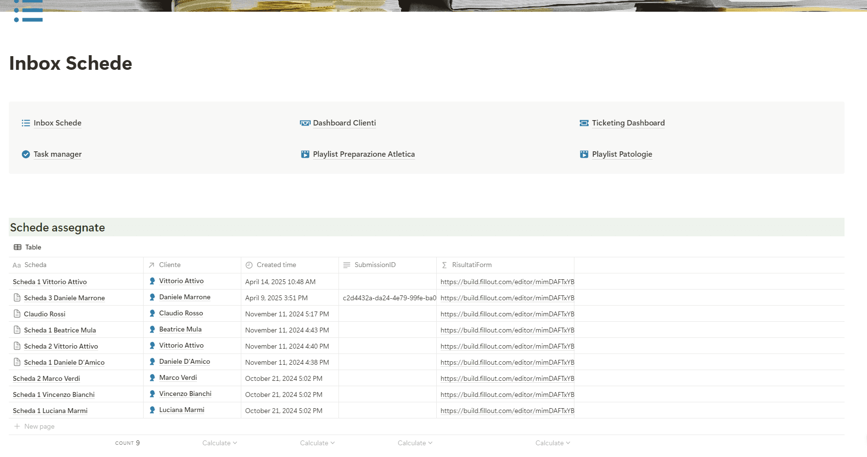 Pagina di gestione delle schede anamnestiche